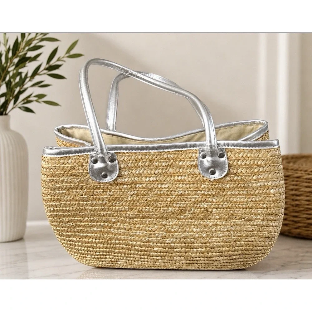 Hand Woven Straw Tote Handbag Beach Purse Silver  Trim Large Tote